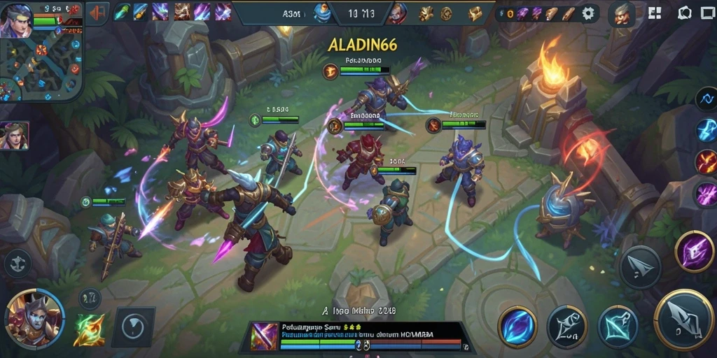 Screenshot gameplay ALADIN66 menampilkan pertarungan seru antar tim dalam arena MOBA.