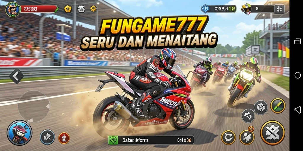 Gameplay seru di FUNGAME777 dengan balapan motor yang menantang.
