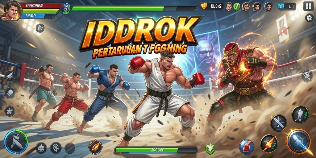 Screenshot utama IDROK menunjukkan pertarungan intens dengan karakter unik.
