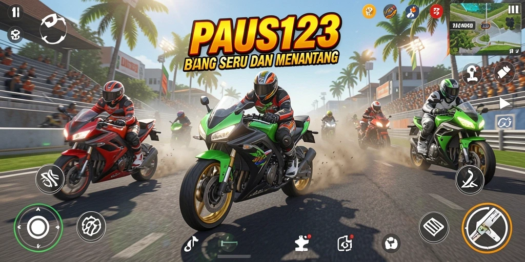 Screenshot gameplay menunjukkan balapan seru di lintasan yang menantang.