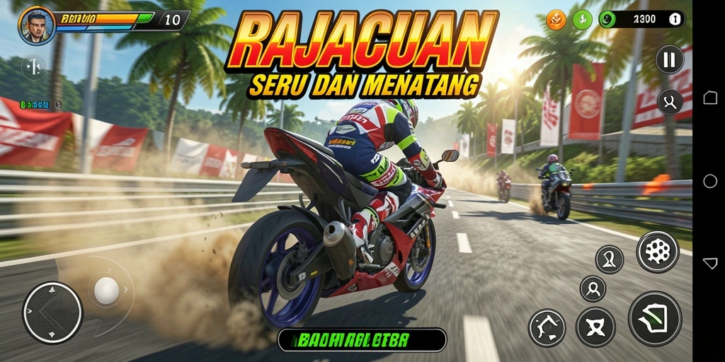 Tampilan seru gameplay RAJACUAN dengan balapan motor yang mendebarkan.