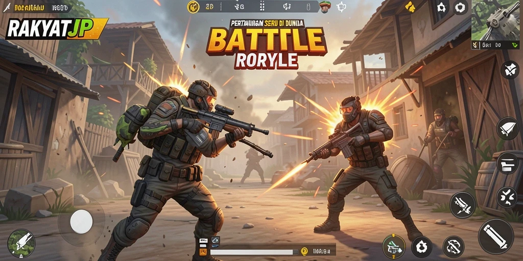 Screenshot menunjukkan aksi mendebarkan dalam game RAKYATJP Battle Royale.