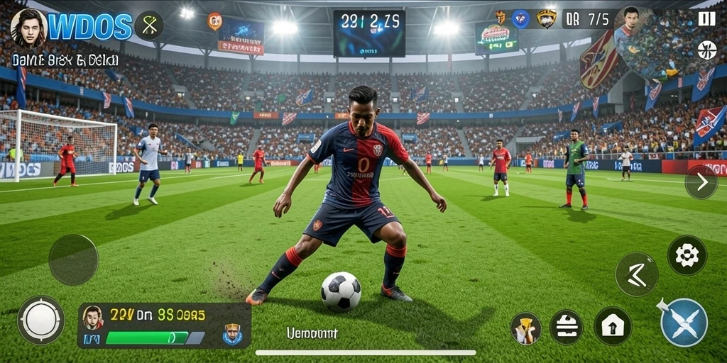 Gameplay seru dalam WDBOS yang menampilkan aksi sepak bola.